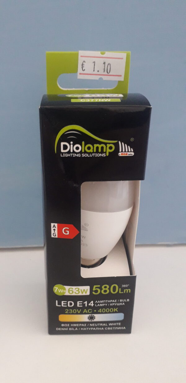 Λάμπα led C37 κερί Ε14 7W 230V 4000k ενδιάμεσο λευκό φως δέσμης 200° 580 lumen 30000h
