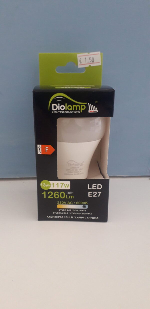 Λάμπα led A60 αχλάδι E27 13W 230V 6000k ψυχρό λευκό φως δέσμης 180° 1260 lumen 30000h